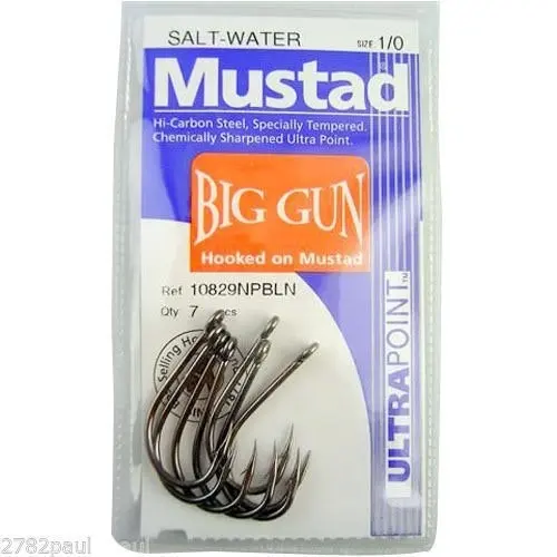 1 Packet of Mustad 10829NPBLN Big Gun Chemically Sharp Fishing Hooks