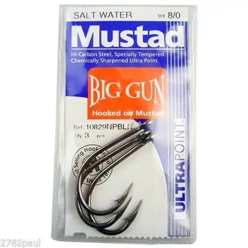 1 Packet of Mustad 10829NPBLN Big Gun Chemically Sharp Fishing Hooks