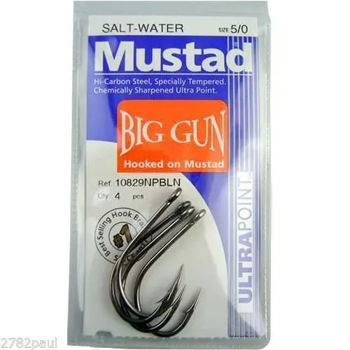 1 Packet of Mustad 10829NPBLN Big Gun Chemically Sharp Fishing Hooks