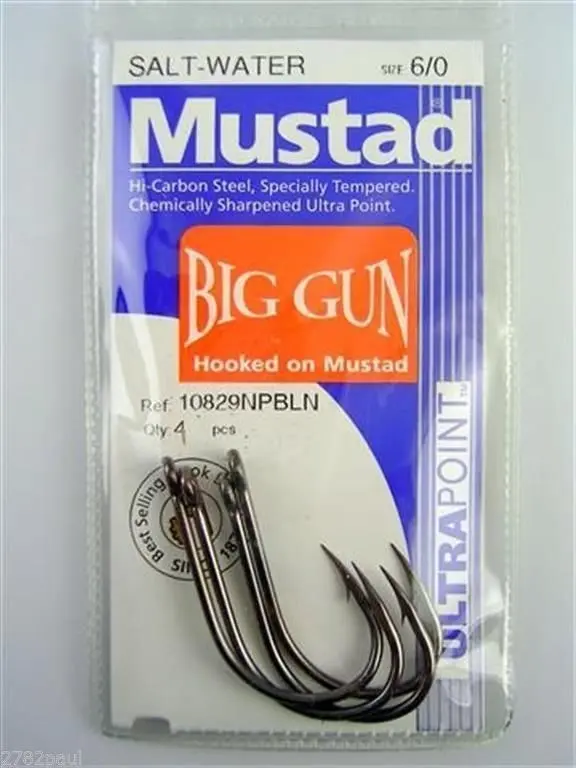 1 Packet of Mustad 10829NPBLN Big Gun Chemically Sharp Fishing Hooks