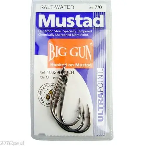 1 Packet of Mustad 10829NPBLN Big Gun Chemically Sharp Fishing Hooks