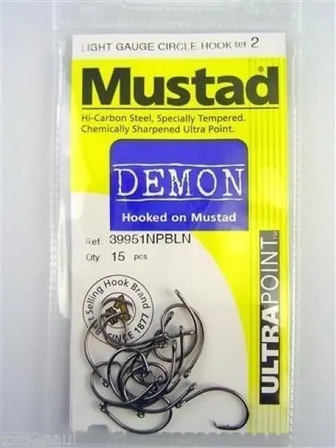 1 Packet of Mustad 39951NPBLN Demon Circle Light Chemically Sharp Fishing Hooks