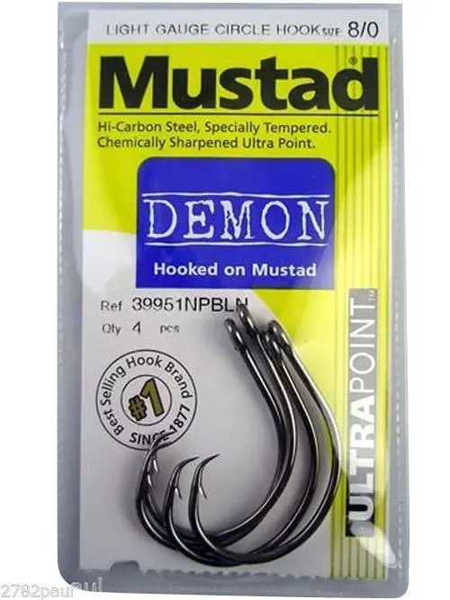 1 Packet of Mustad 39951NPBLN Demon Circle Light Chemically Sharp Fishing Hooks