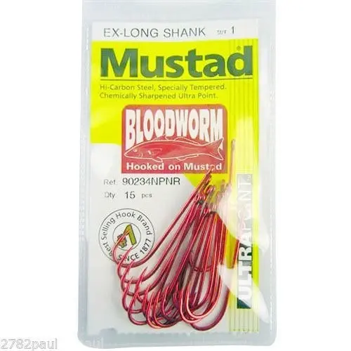 1 Packet of Mustad 90234NPNR Bloodworm Chemically Sharp Fishing Hooks