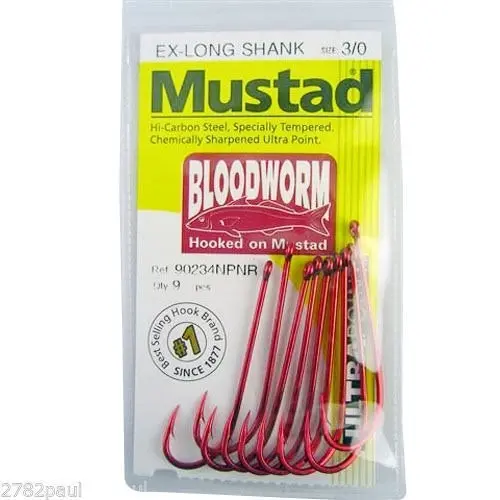 1 Packet of Mustad 90234NPNR Bloodworm Chemically Sharp Fishing Hooks