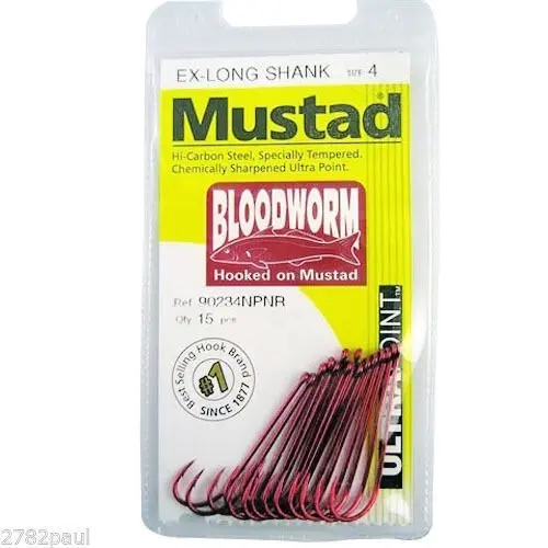 1 Packet of Mustad 90234NPNR Bloodworm Chemically Sharp Fishing Hooks