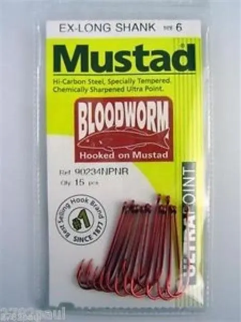 1 Packet of Mustad 90234NPNR Bloodworm Chemically Sharp Fishing Hooks