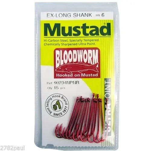 1 Packet of Mustad 90234NPNR Bloodworm Chemically Sharp Fishing Hooks