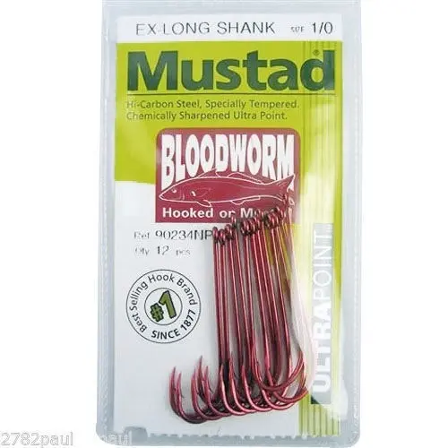 1 Packet of Mustad 90234NPNR Bloodworm Chemically Sharp Fishing Hooks