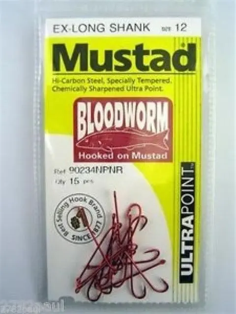 1 Packet of Mustad 90234NPNR Bloodworm Chemically Sharp Fishing Hooks