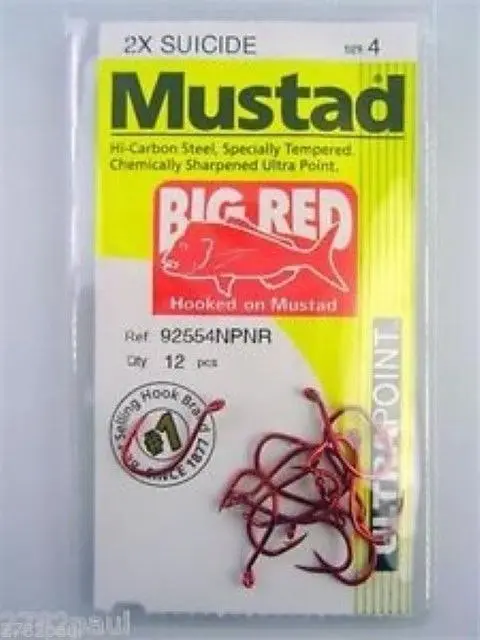 1 Packet of Mustad 92554NPNR Big Red Chemically Sharp Fishing Hooks