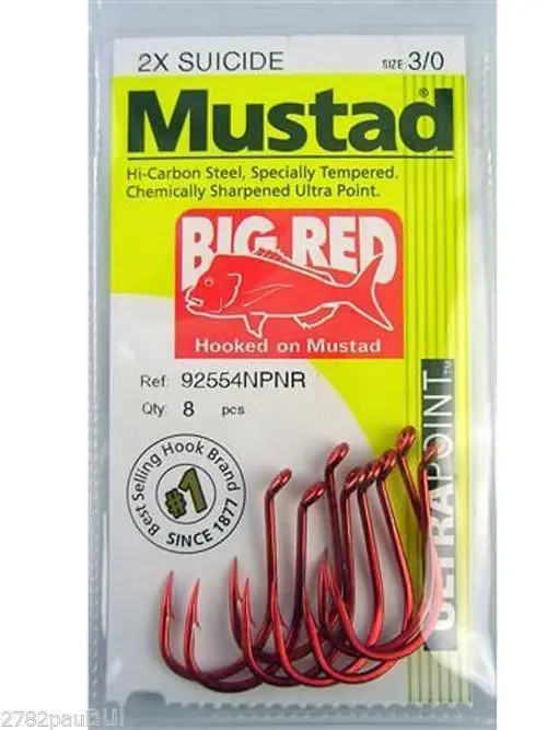 1 Packet of Mustad 92554NPNR Big Red Chemically Sharp Fishing Hooks