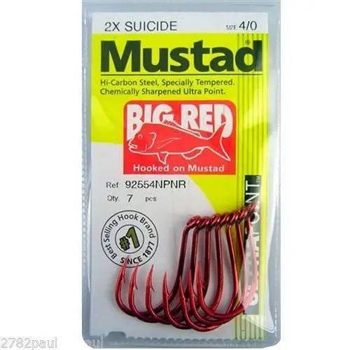 1 Packet of Mustad 92554NPNR Big Red Chemically Sharp Fishing Hooks