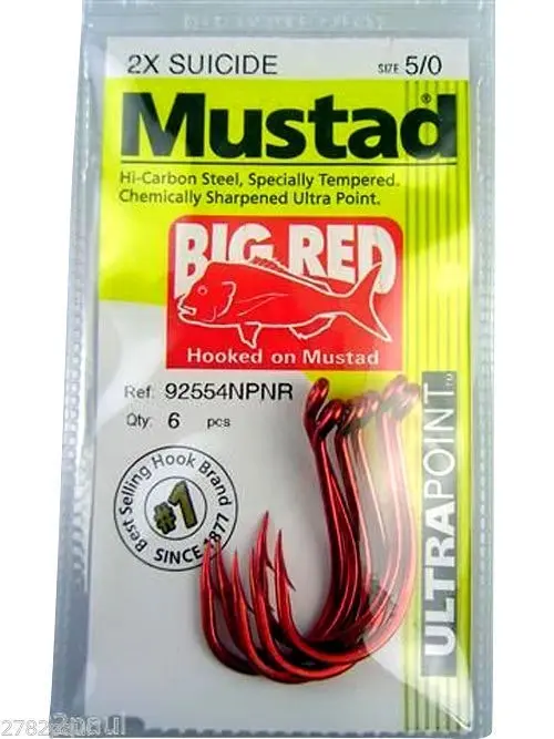 1 Packet of Mustad 92554NPNR Big Red Chemically Sharp Fishing Hooks