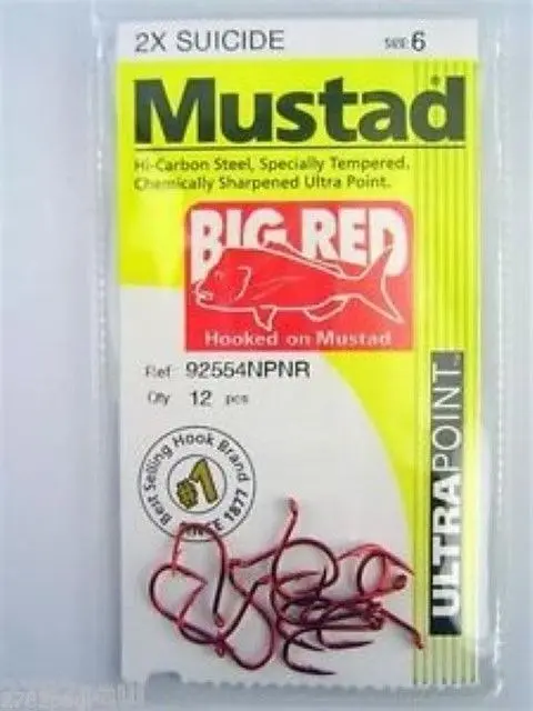 1 Packet of Mustad 92554NPNR Big Red Chemically Sharp Fishing Hooks