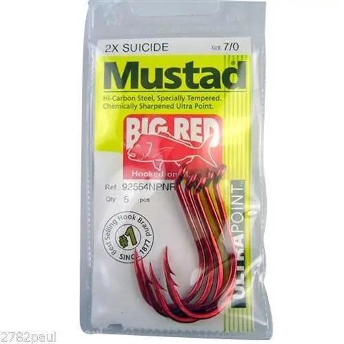 1 Packet of Mustad 92554NPNR Big Red Chemically Sharp Fishing Hooks