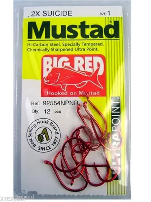 1 Packet of Mustad 92554NPNR Big Red Chemically Sharp Fishing Hooks