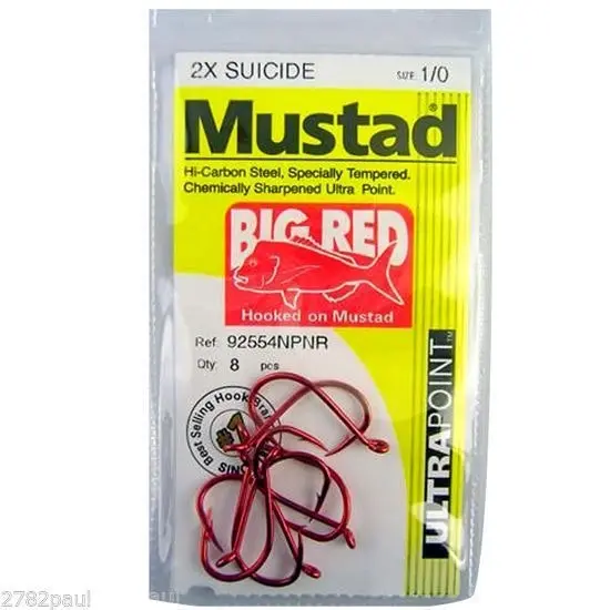 1 Packet of Mustad 92554NPNR Big Red Chemically Sharp Fishing Hooks