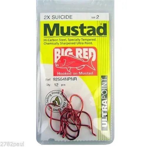 1 Packet of Mustad 92554NPNR Big Red Chemically Sharp Fishing Hooks