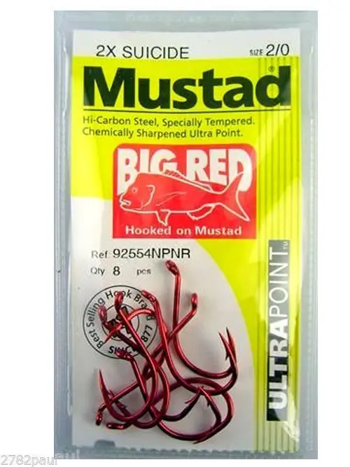 1 Packet of Mustad 92554NPNR Big Red Chemically Sharp Fishing Hooks