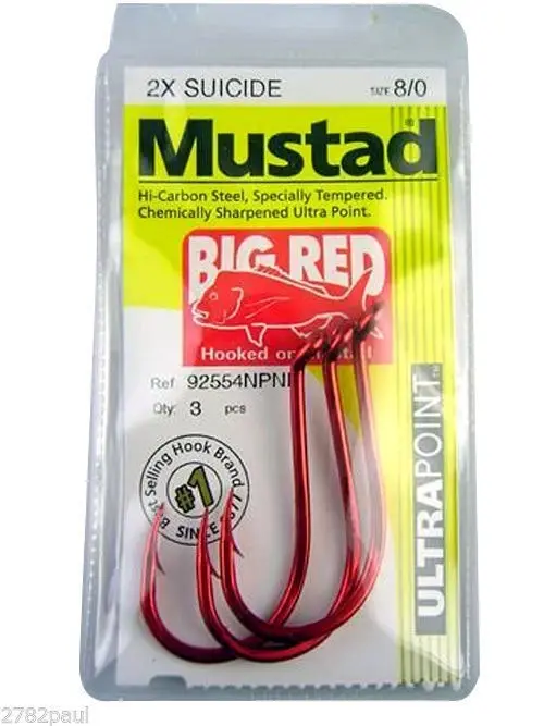 1 Packet of Mustad 92554NPNR Big Red Chemically Sharp Fishing Hooks