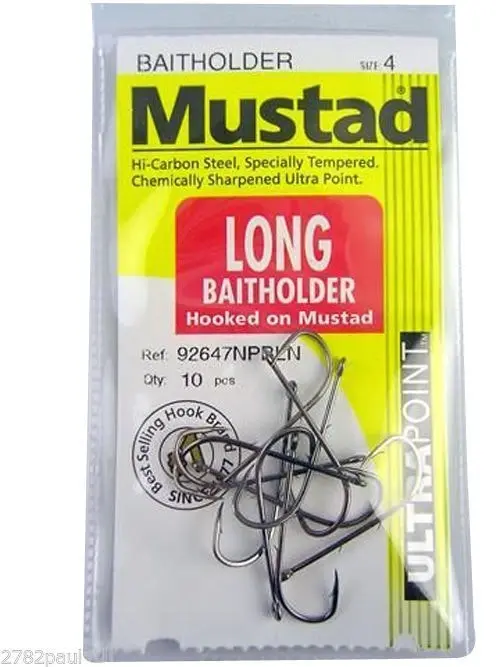 1 Packet of Mustad 92647NPBLN Long Baitholder Chemically Sharp Fishing Hooks