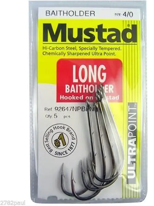 1 Packet of Mustad 92647NPBLN Long Baitholder Chemically Sharp Fishing Hooks