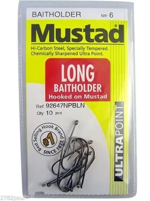 1 Packet of Mustad 92647NPBLN Long Baitholder Chemically Sharp Fishing Hooks