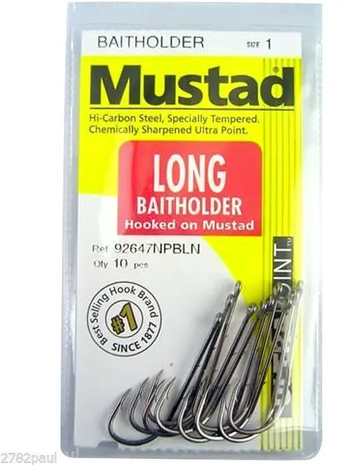 1 Packet of Mustad 92647NPBLN Long Baitholder Chemically Sharp Fishing Hooks