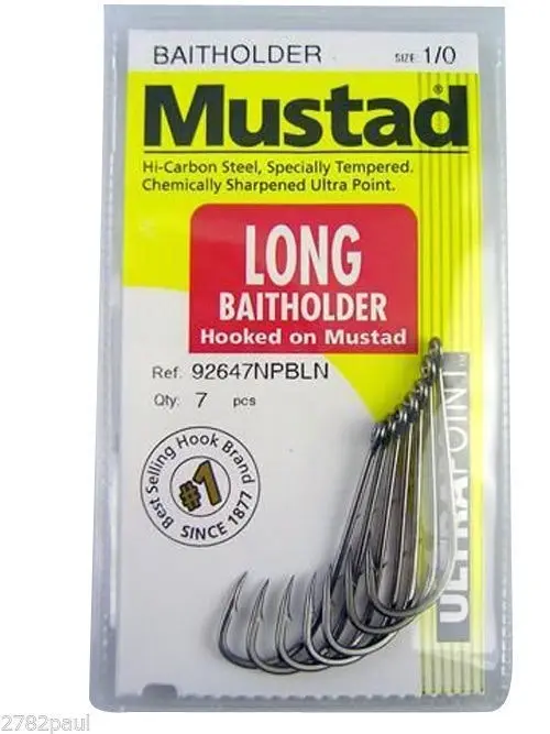 1 Packet of Mustad 92647NPBLN Long Baitholder Chemically Sharp Fishing Hooks