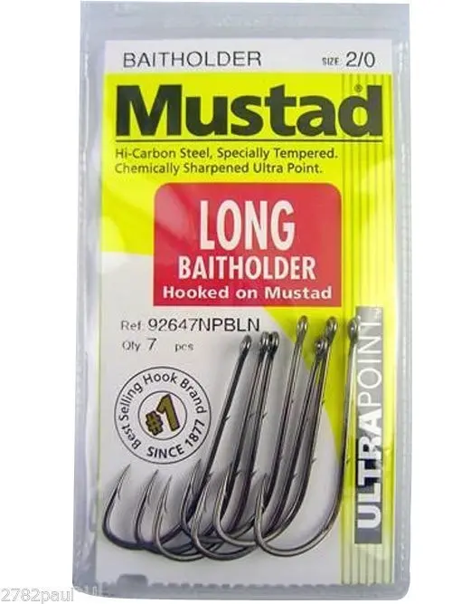 1 Packet of Mustad 92647NPBLN Long Baitholder Chemically Sharp Fishing Hooks