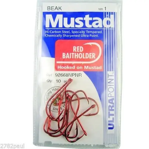 1 Packet of Mustad 92668NPNR Red Baitholder Chemically Sharp Fishing Hooks