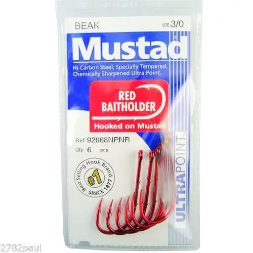 1 Packet of Mustad 92668NPNR Red Baitholder Chemically Sharp Fishing Hooks