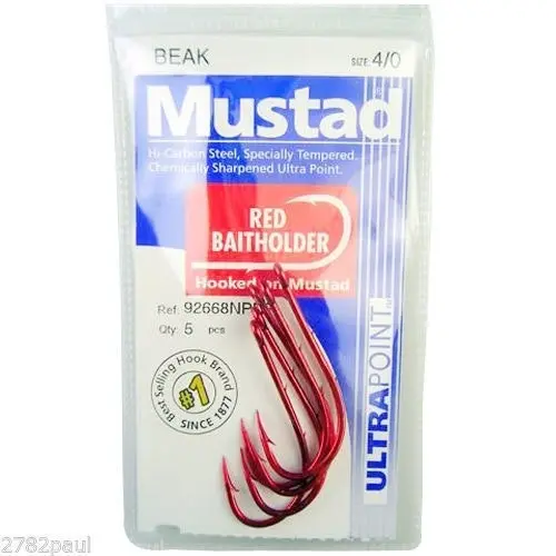 1 Packet of Mustad 92668NPNR Red Baitholder Chemically Sharp Fishing Hooks