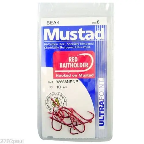 1 Packet of Mustad 92668NPNR Red Baitholder Chemically Sharp Fishing Hooks