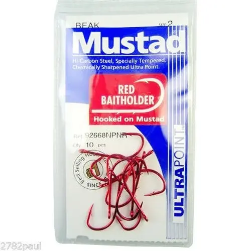 1 Packet of Mustad 92668NPNR Red Baitholder Chemically Sharp Fishing Hooks