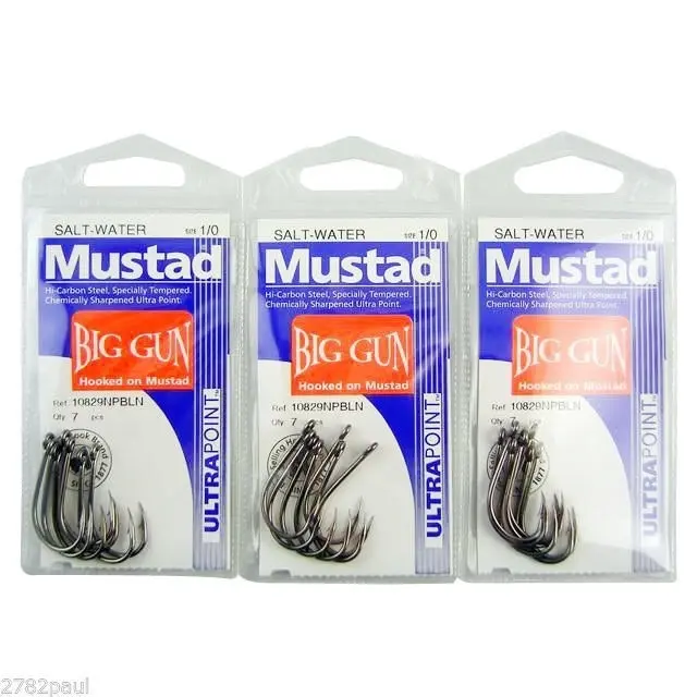 3 Packs of Mustad 10829NPBLN Big Gun Chemically Sharp Fishing Hooks