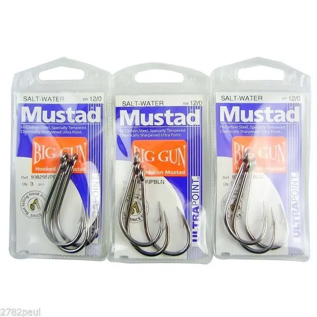 3 Packs of Mustad 10829NPBLN Big Gun Chemically Sharp Fishing Hooks