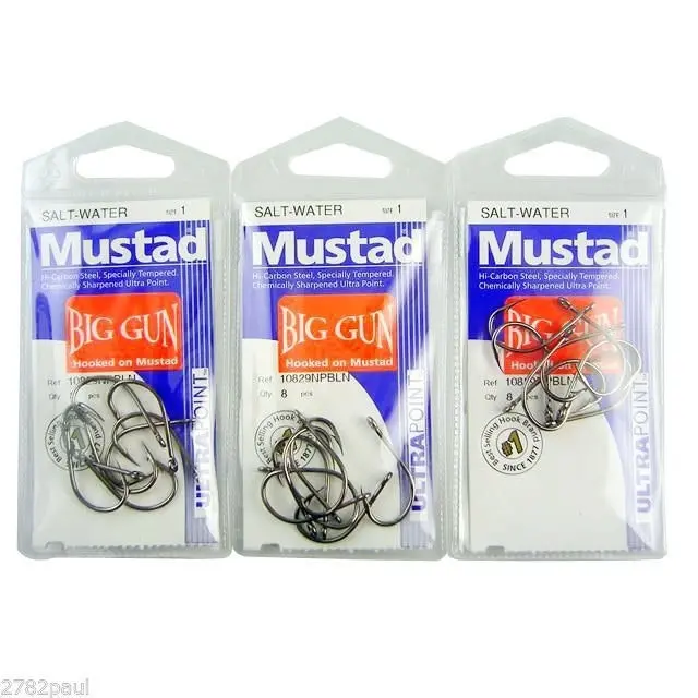 3 Packs of Mustad 10829NPBLN Big Gun Chemically Sharp Fishing Hooks