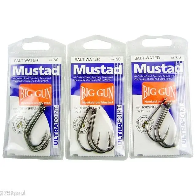 3 Packs of Mustad 10829NPBLN Big Gun Chemically Sharp Fishing Hooks