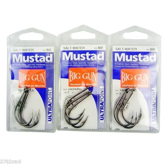 3 Packs of Mustad 10829NPBLN Big Gun Chemically Sharp Fishing Hooks