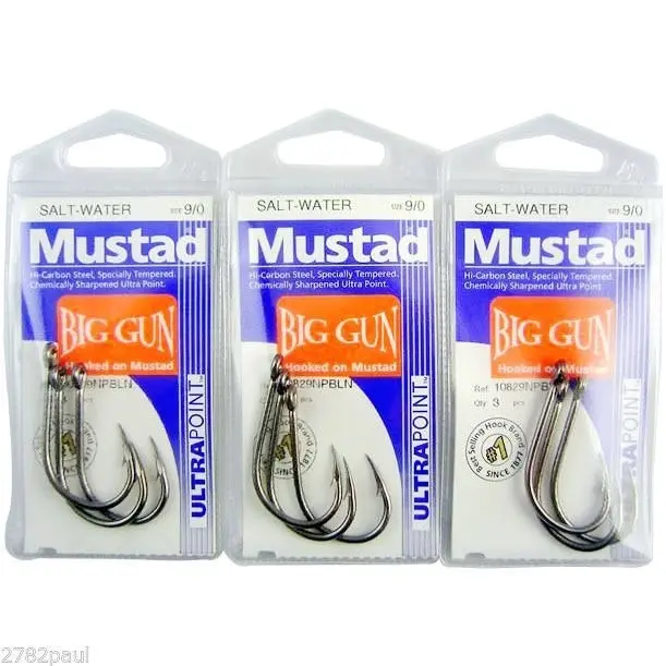 3 Packs of Mustad 10829NPBLN Big Gun Chemically Sharp Fishing Hooks