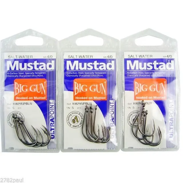 3 Packs of Mustad 10829NPBLN Big Gun Chemically Sharp Fishing Hooks