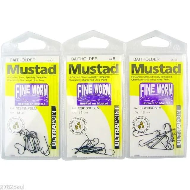 3 Packs of Mustad 32813NPBLM Fine Worm Chemically Sharp Fishing Hooks