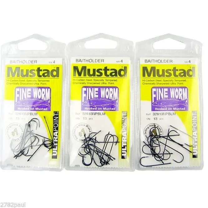 3 Packs of Mustad 32813NPBLM Fine Worm Chemically Sharp Fishing Hooks