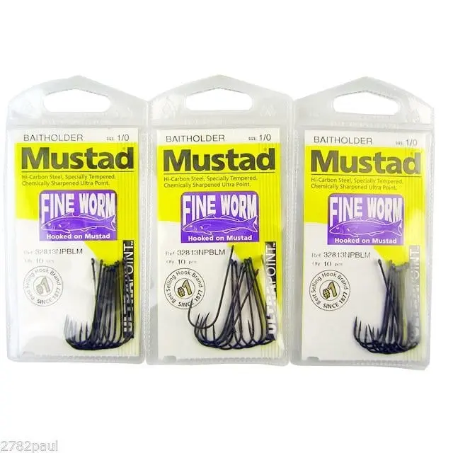 3 Packs of Mustad 32813NPBLM Fine Worm Chemically Sharp Fishing Hooks