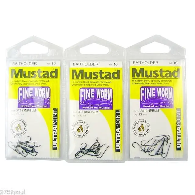 3 Packs of Mustad 32813NPBLM Fine Worm Chemically Sharp Fishing Hooks