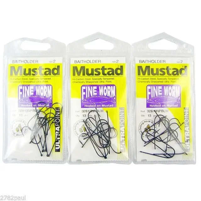 3 Packs of Mustad 32813NPBLM Fine Worm Chemically Sharp Fishing Hooks