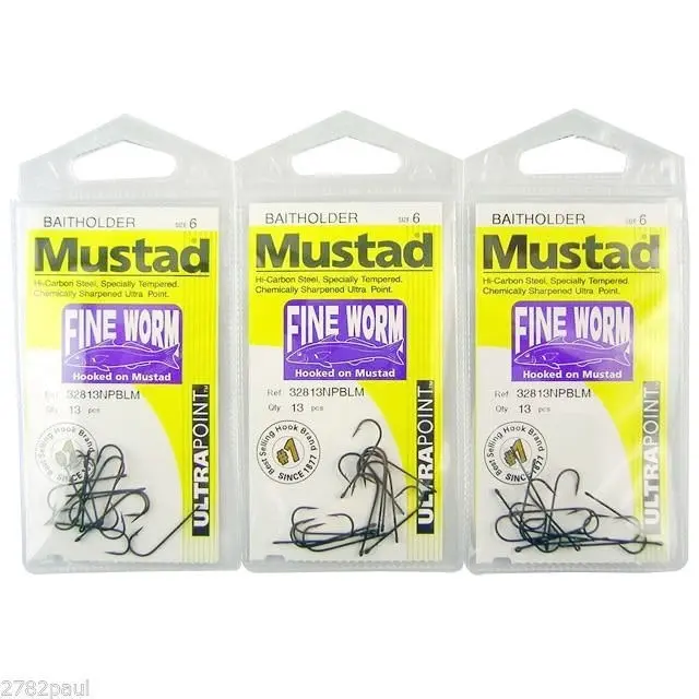 3 Packs of Mustad 32813NPBLM Fine Worm Chemically Sharp Fishing Hooks