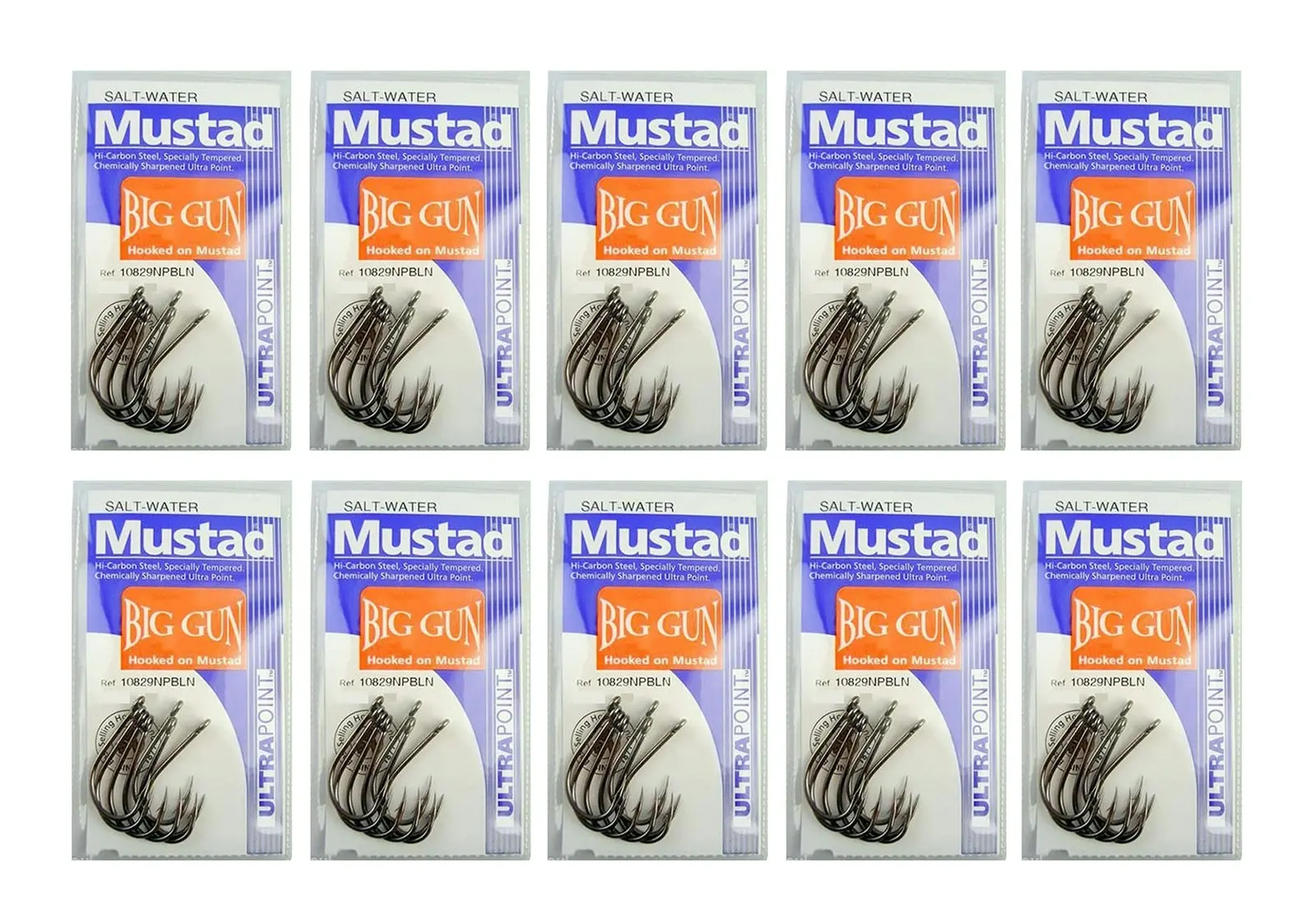 10 Packs of Mustad 10829NPBLN Big Gun Chemically Sharp Fishing Hooks